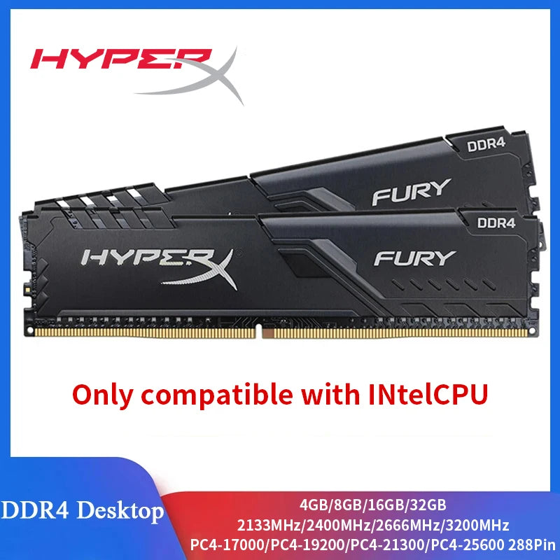 🚀 Acelere seu PC Intel com HyperX Fury DDR4 | RAM 4GB/8GB/16GB | Frequências 2400MHz • 2666MHz • 3200MHz
